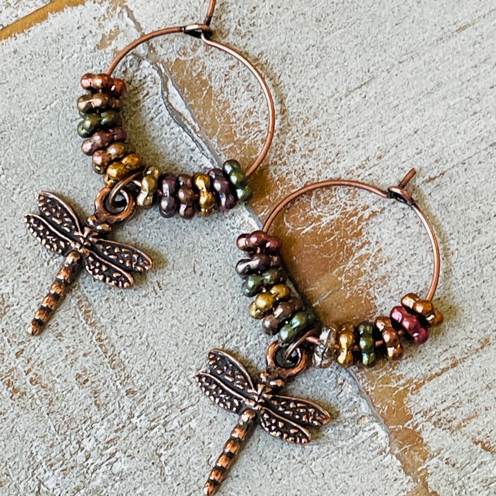 Dragonfly Boho Chic Copper Endless Hoop 20mm Earrings
